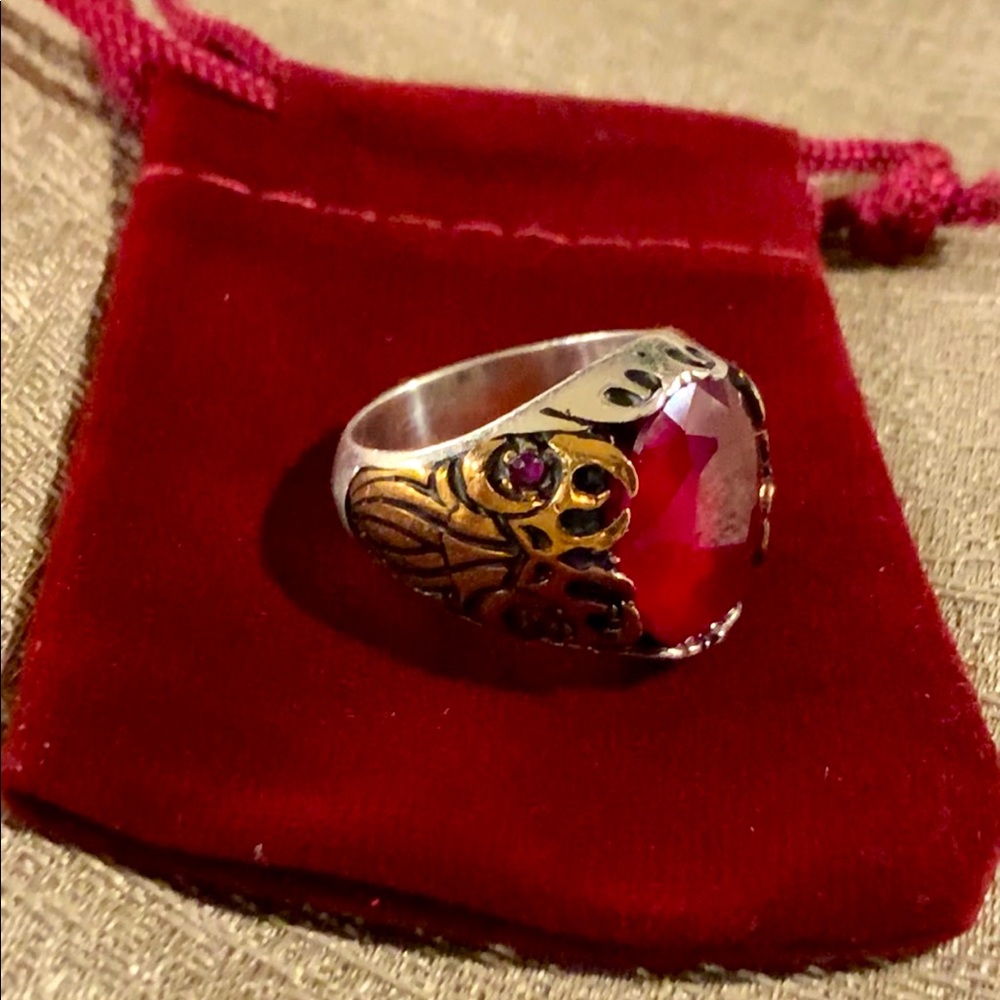 Men Unisex Antique Style Ruby Topaz Ring Size 9